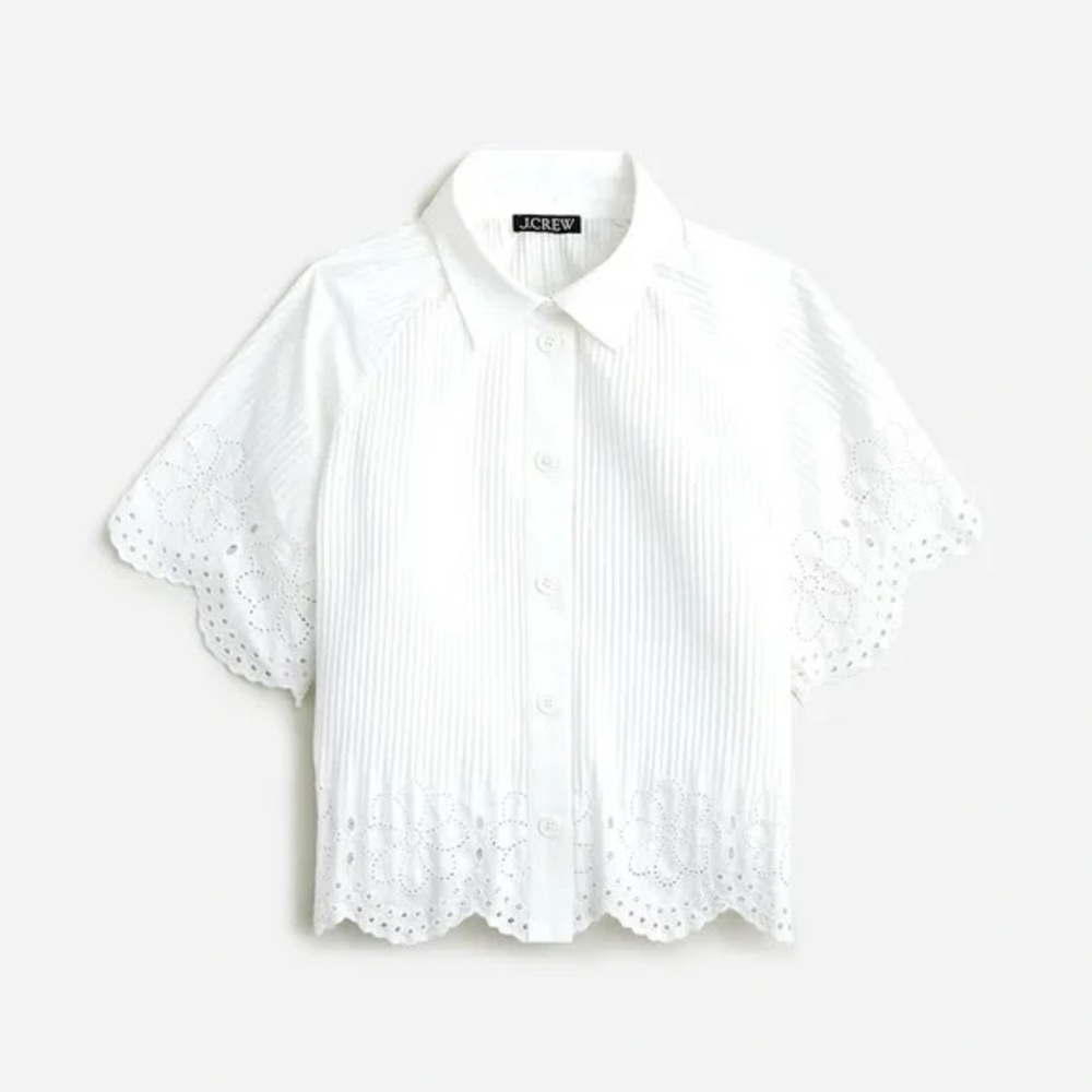 J CREW PLEATED EYELET-TRIM SHIRT IN COTTON POPLIN